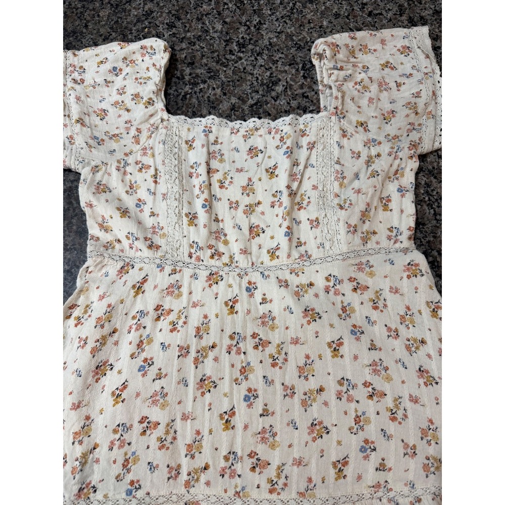 American Eagle Ditsy Floral Lace Trim Tiered Mini Dress Cream Womens Large - Picture 3 of 10